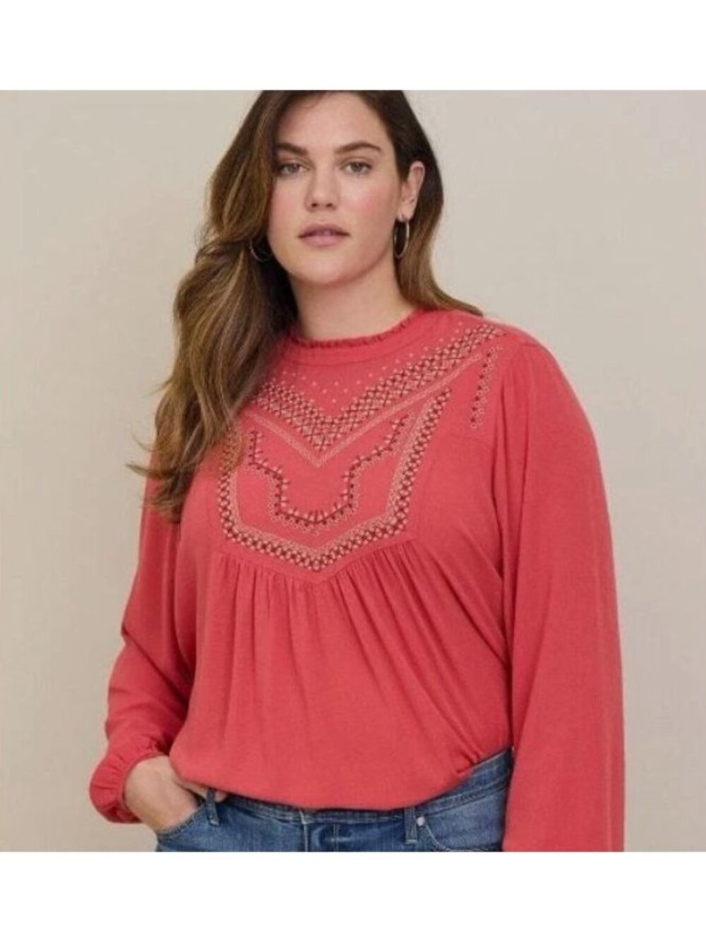 Torrid Womens Plus Size Embroidered Coral Long Sleeve Peasant Top Size 4